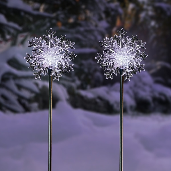 Garland lit artificial overstock wreaths lighted Alpine 33 Inch Solar Snowflake Garden Stake with Cool White LED Light, Set of 2 - Overstock